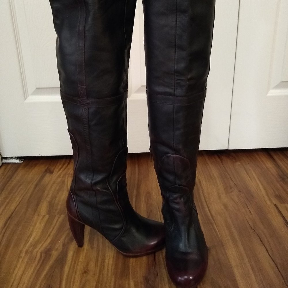 Women's thigh high leather burgundy boots, 4" heels (wooden).